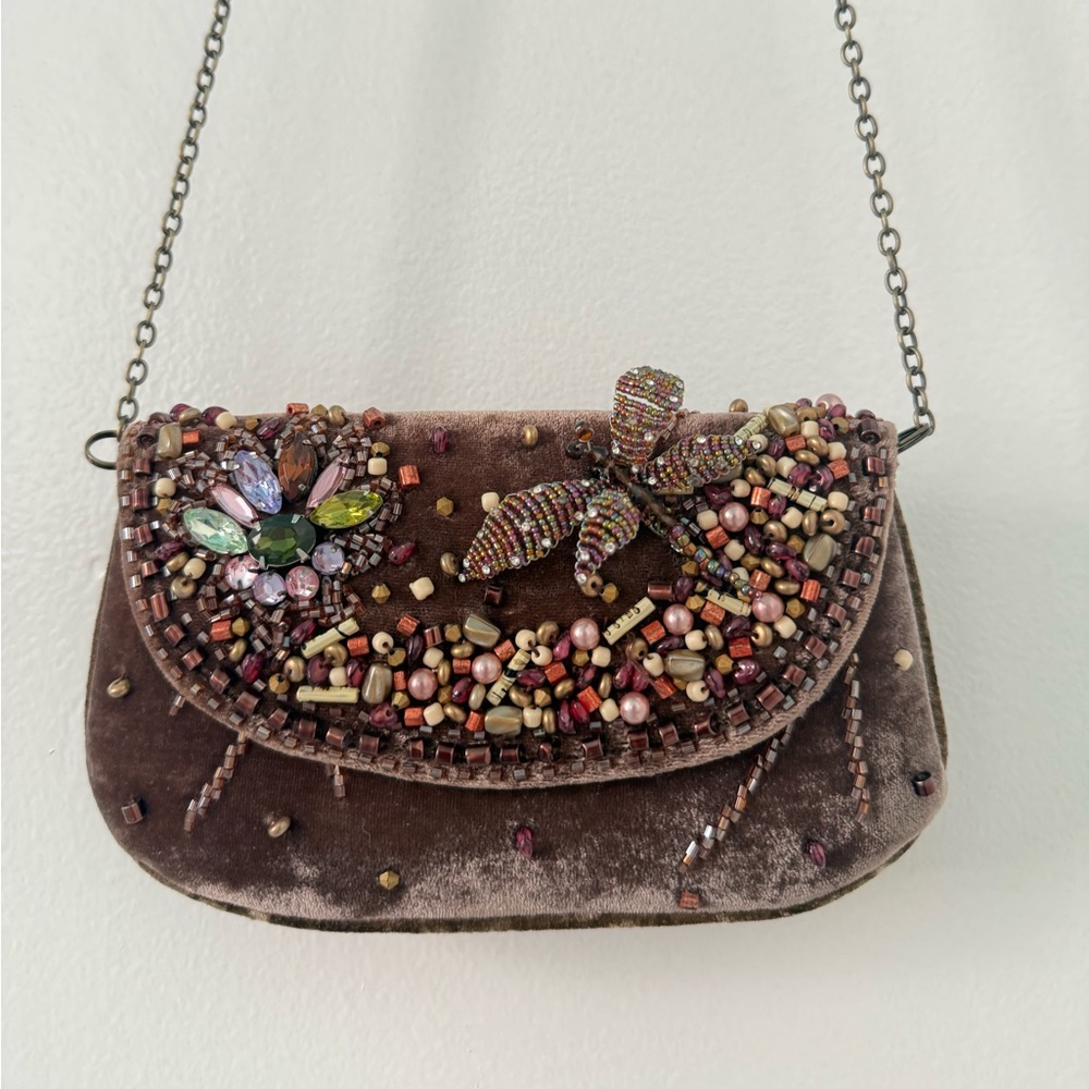 Mary Frances Brown Velvet Beaded Mini Bag with Multicolor Crystal Accents